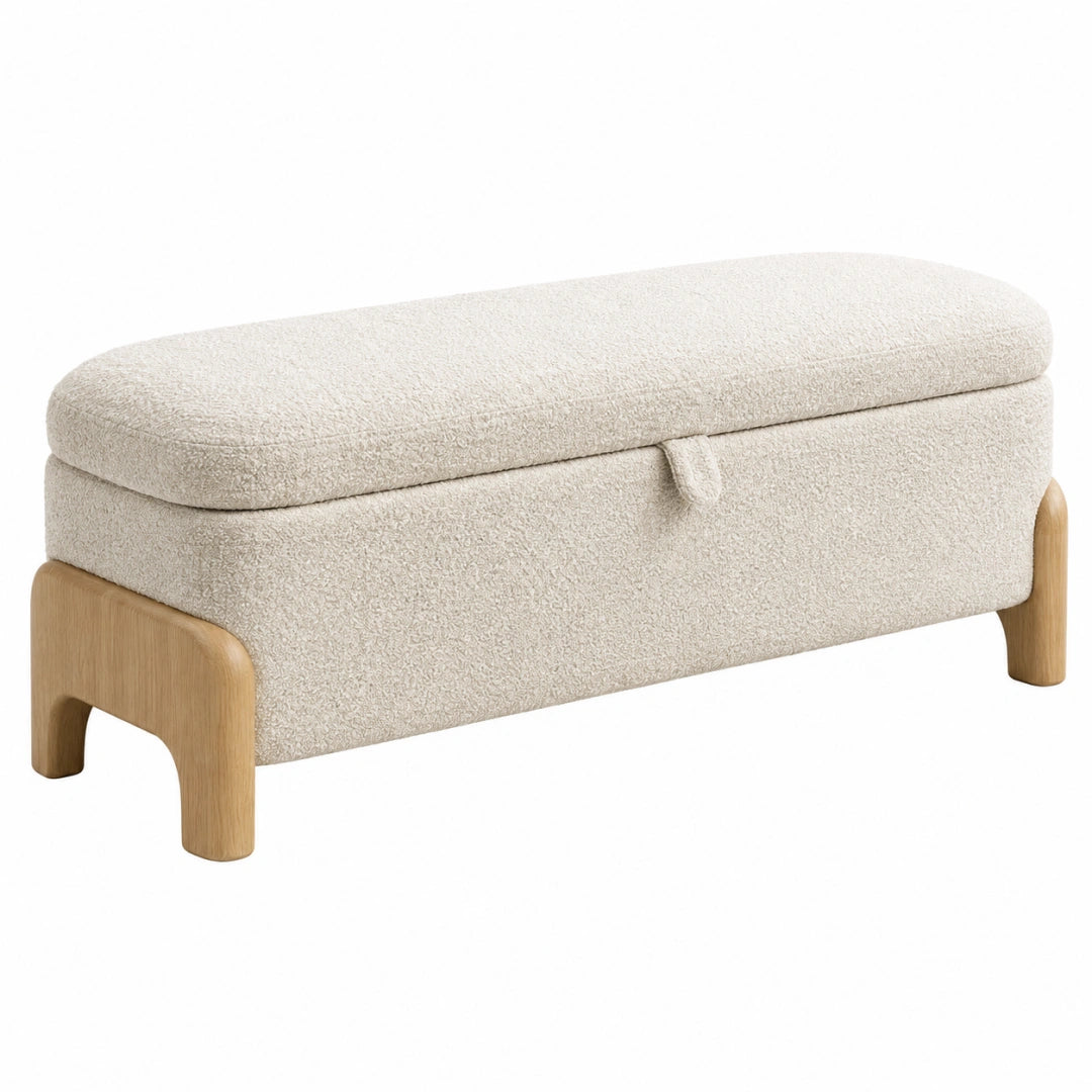 Aufbewahrungsbank 100 x 45 x 45 cm aus Holz und Bouclé Beige - gepolstert mit Stauraum